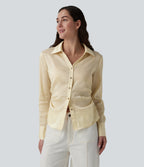 V-neck Long Sleeve Curved Hem Slim Casual Shirt — Cloud Cream — view 8