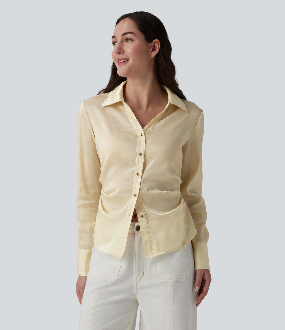 V-neck Long Sleeve Curved Hem Slim Casual Shirt — Cloud Cream — view 8