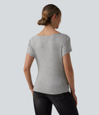 Ribbed V-neck Short Sleeve Snap Button Crossover Ruched Casual Heathered Top — Fog Gray — view 3