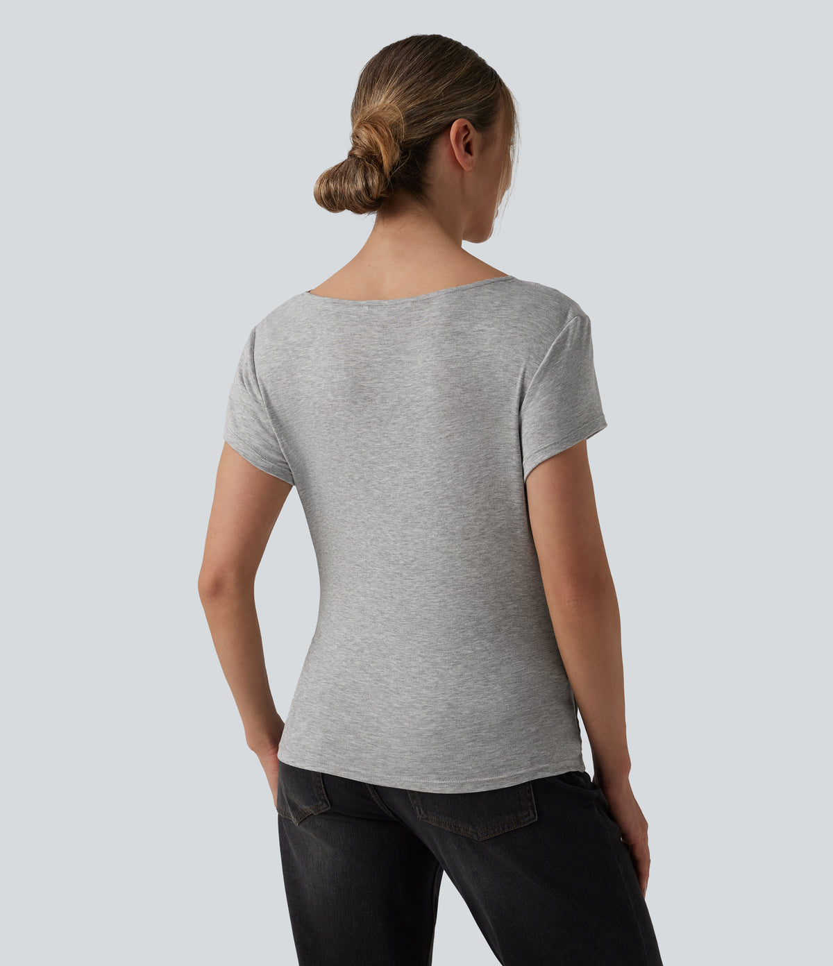 Ribbed V-neck Short Sleeve Snap Button Crossover Ruched Casual Heathered Top — Fog Gray — view 3