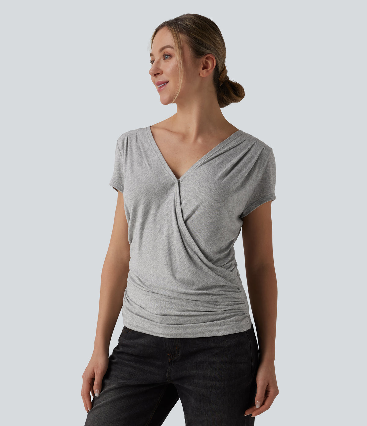 Ribbed V-neck Short Sleeve Snap Button Crossover Ruched Casual Heathered Top — Fog Gray — view 2