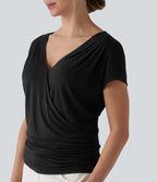 Ribbed V-neck Short Sleeve Snap Button Crossover Ruched Casual Heathered Top — Black — view 6