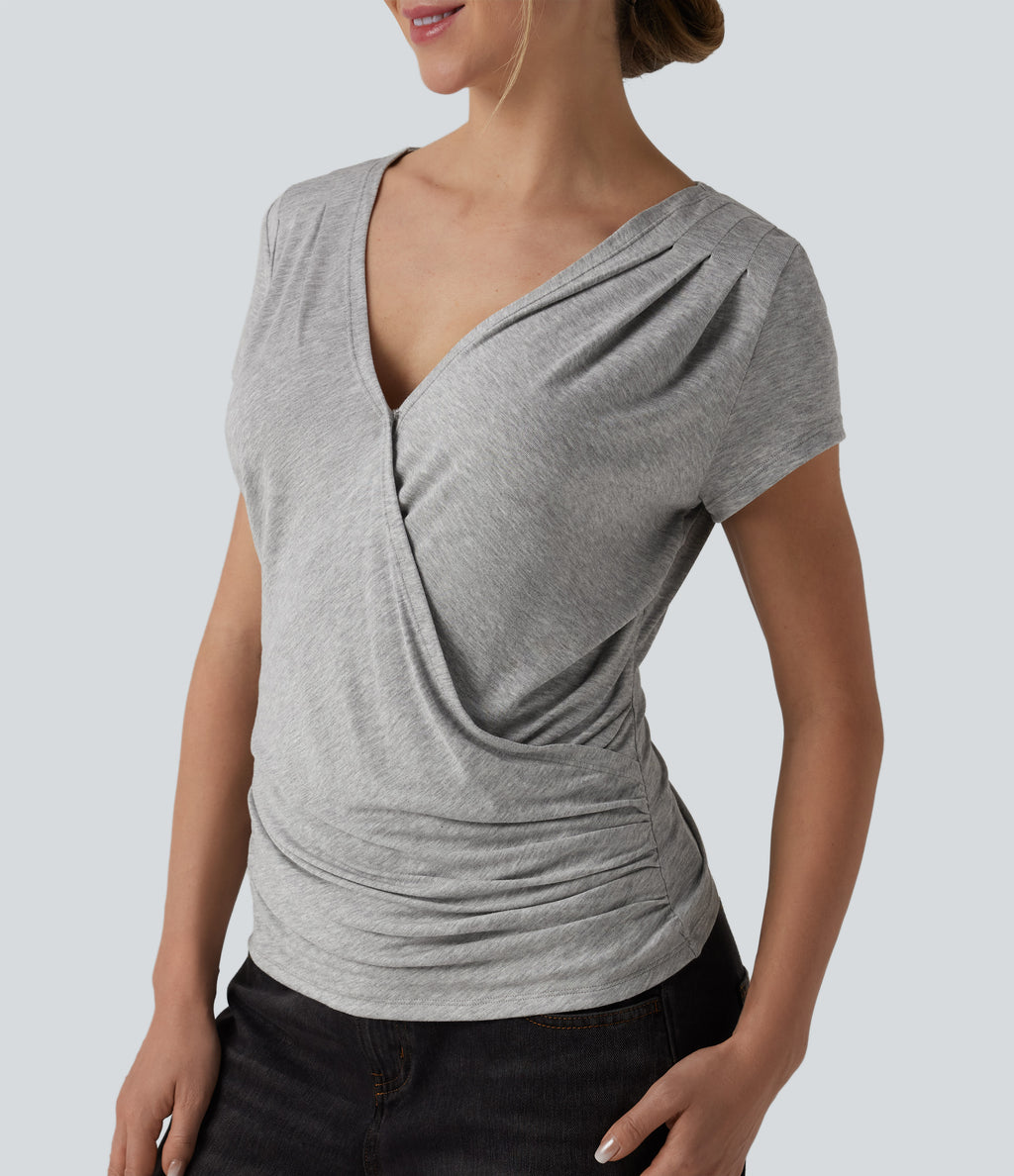 Ribbed V-neck Short Sleeve Snap Button Crossover Ruched Casual Heathered Top — Fog Gray — view 1
