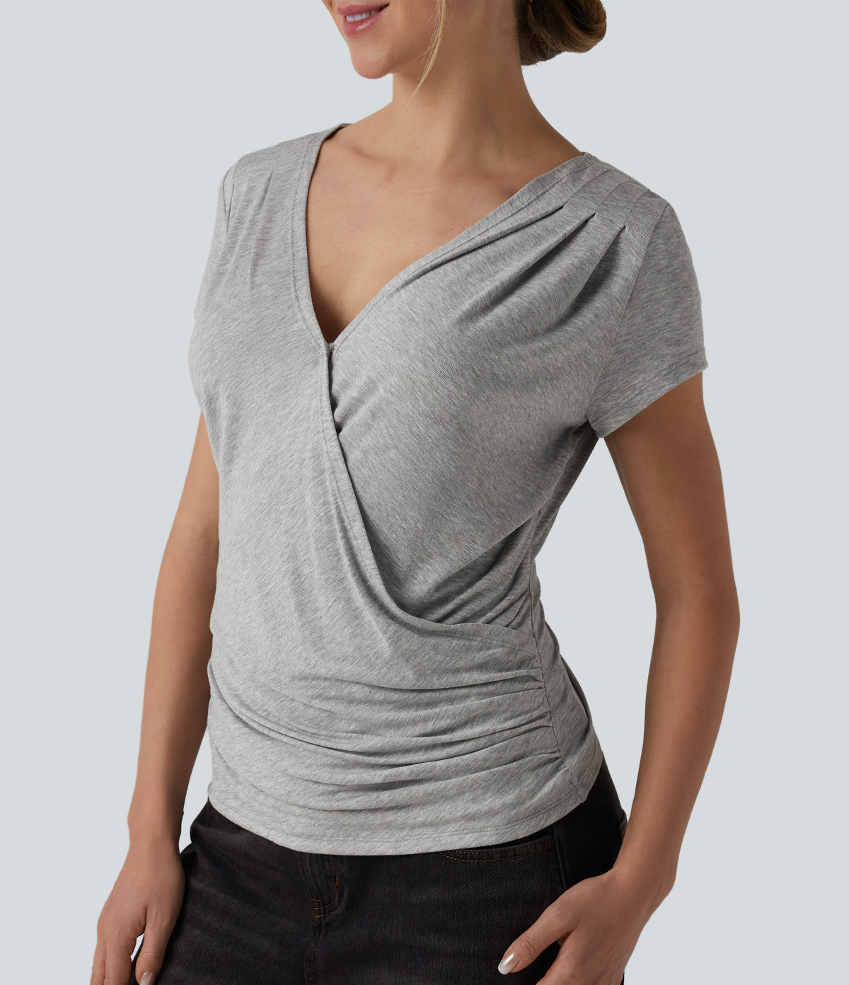 Ribbed V-neck Short Sleeve Snap Button Crossover Ruched Casual Heathered Top — Fog Gray — view 1