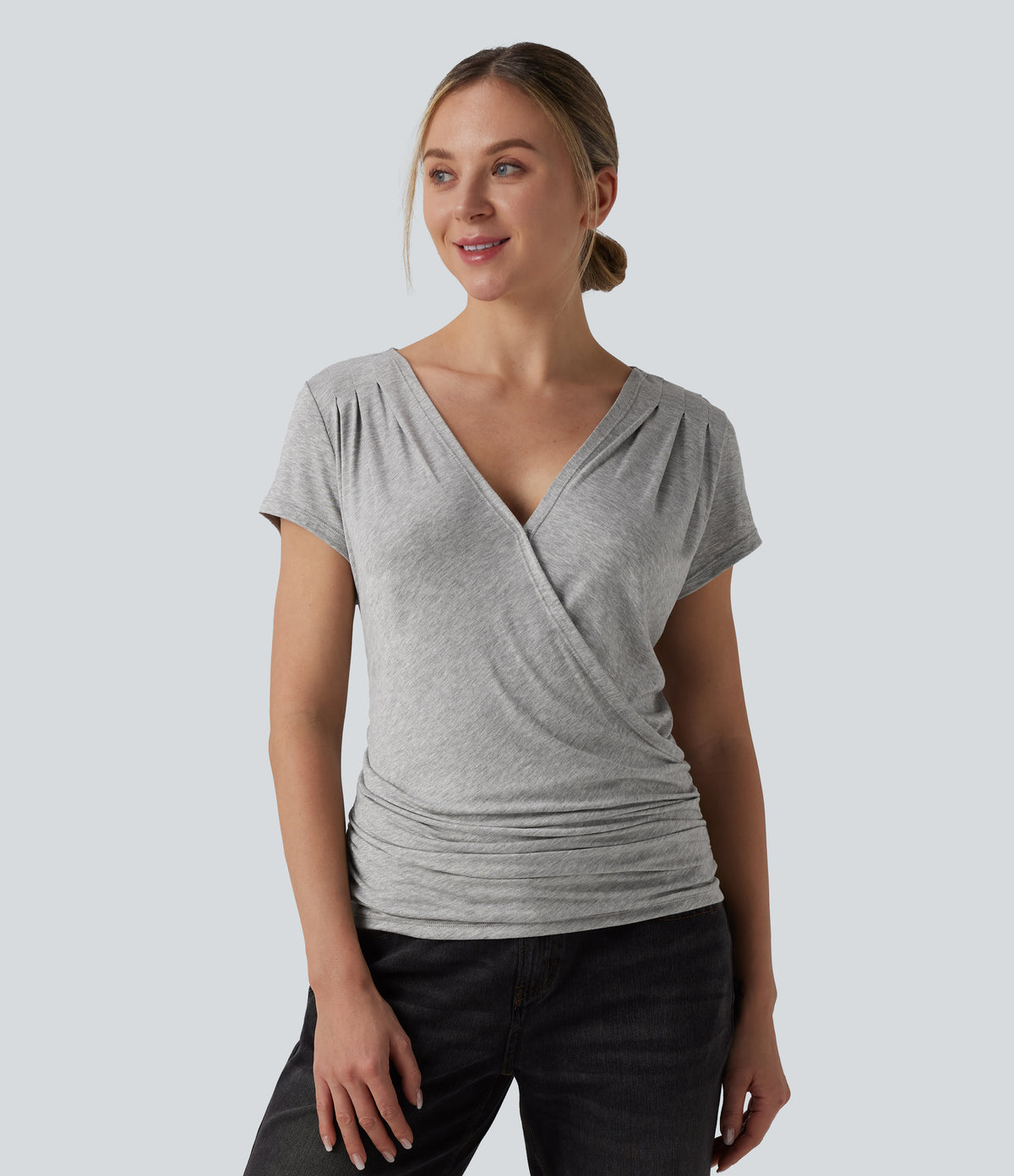 Ribbed V-neck Short Sleeve Snap Button Crossover Ruched Casual Heathered Top — Fog Gray — view 4
