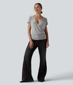 Ribbed V-neck Short Sleeve Snap Button Crossover Ruched Casual Heathered Top — Fog Gray — view 5