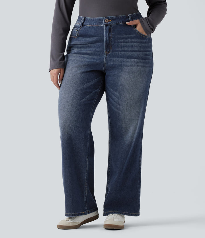 Low Rise Washed Casual Bootcut Plus Size Jeans with Pockets — Forest Blue Denim — view 1