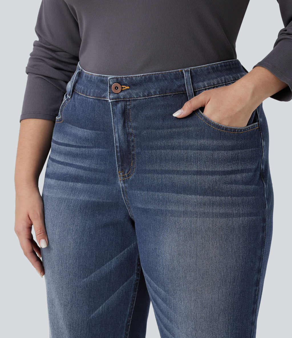 Low Rise Washed Casual Bootcut Plus Size Jeans with Pockets — Forest Blue Denim — view 4