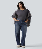 Low Rise Washed Casual Bootcut Plus Size Jeans with Pockets — Forest Blue Denim — view 6