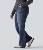 Low Rise Washed Casual Bootcut Plus Size Jeans with Pockets — Forest Blue Denim — view 3