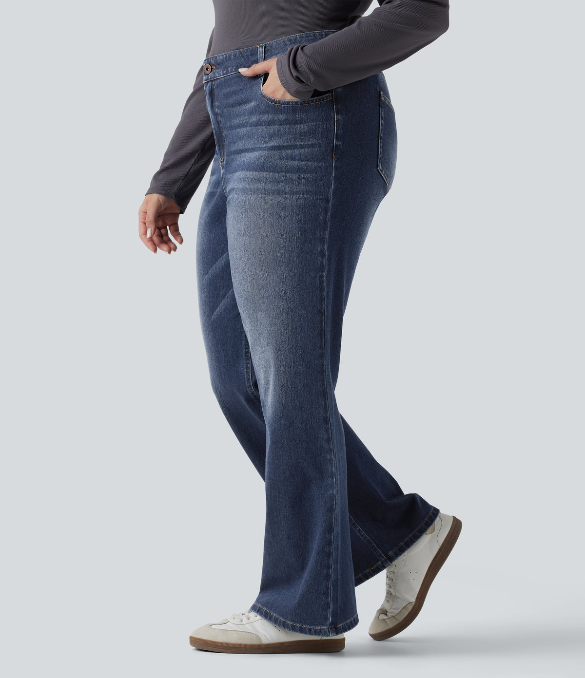 Low Rise Washed Casual Bootcut Plus Size Jeans with Pockets — Forest Blue Denim — view 3