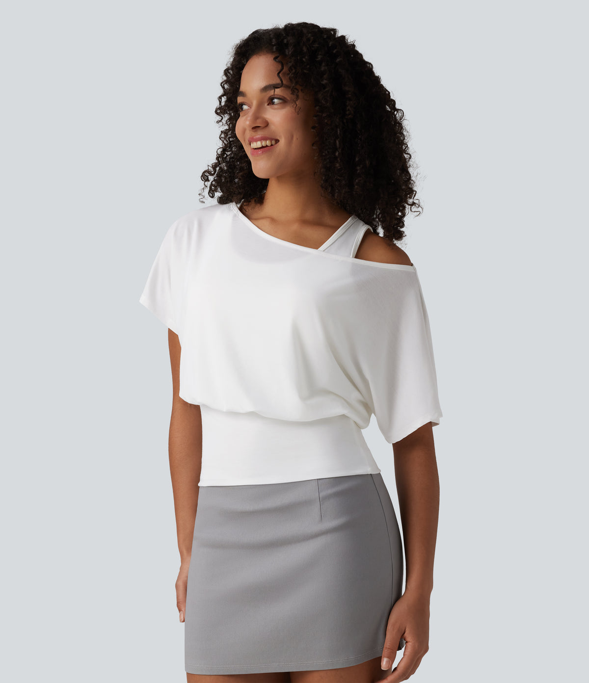 One Shoulder Short Sleeve 2-in-1 Quick Dry Casual Top — White — view 3