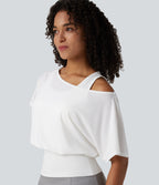 One Shoulder Short Sleeve 2-in-1 Quick Dry Casual Top — White — view 4