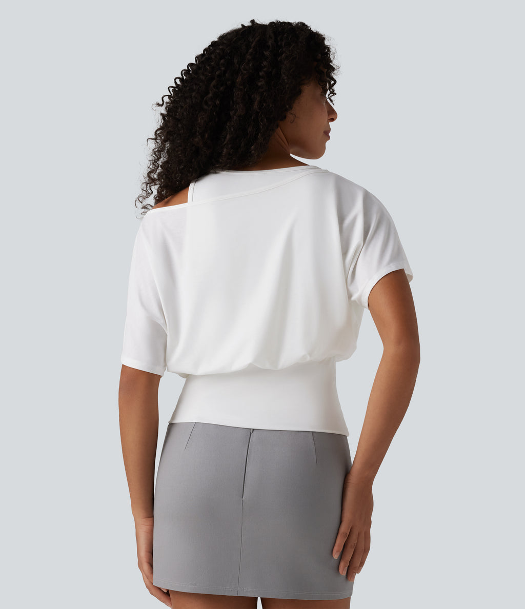 One Shoulder Short Sleeve 2-in-1 Quick Dry Casual Top — White — view 2