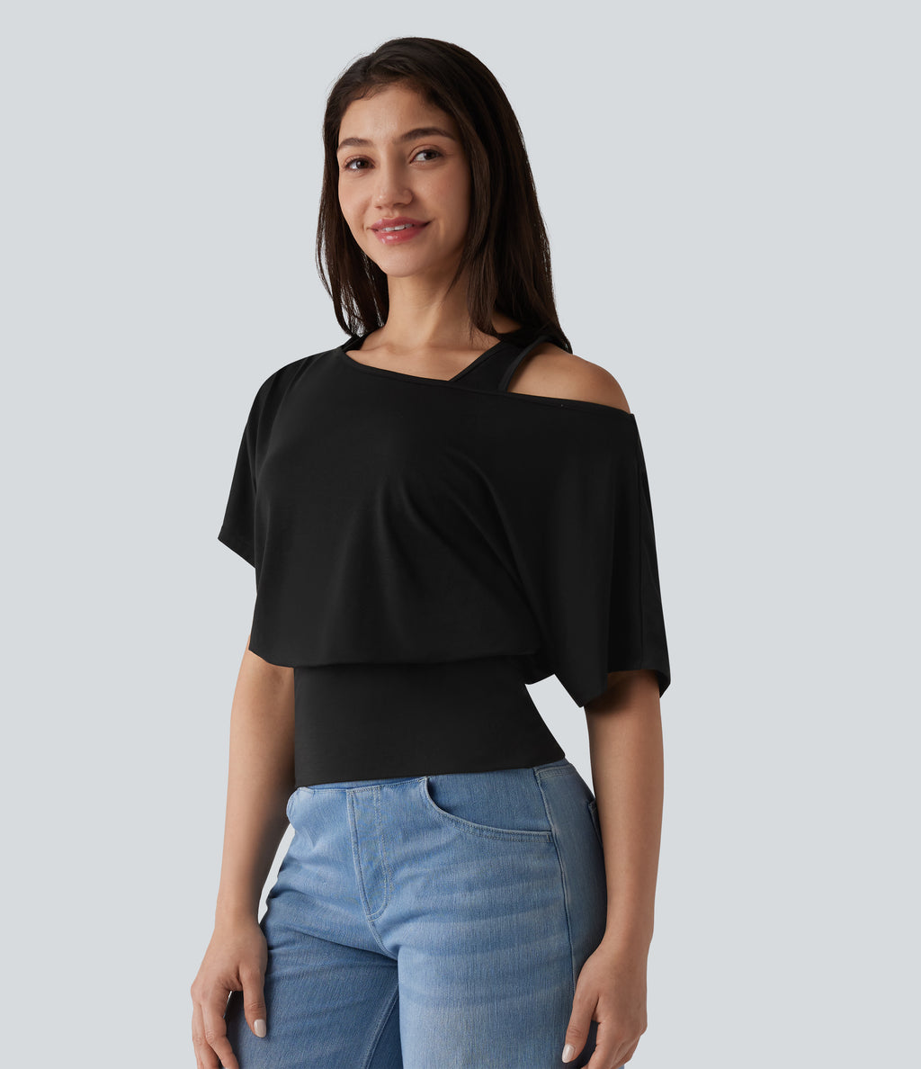 One Shoulder Short Sleeve 2-in-1 Quick Dry Casual Top — Black — view 6
