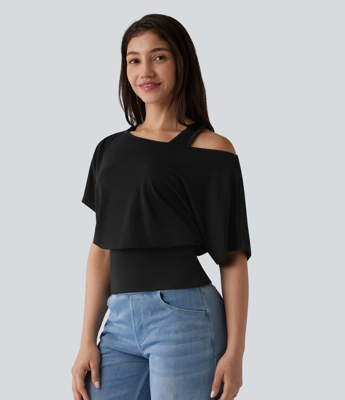 One Shoulder Short Sleeve 2-in-1 Quick Dry Casual Top — Black — view 6