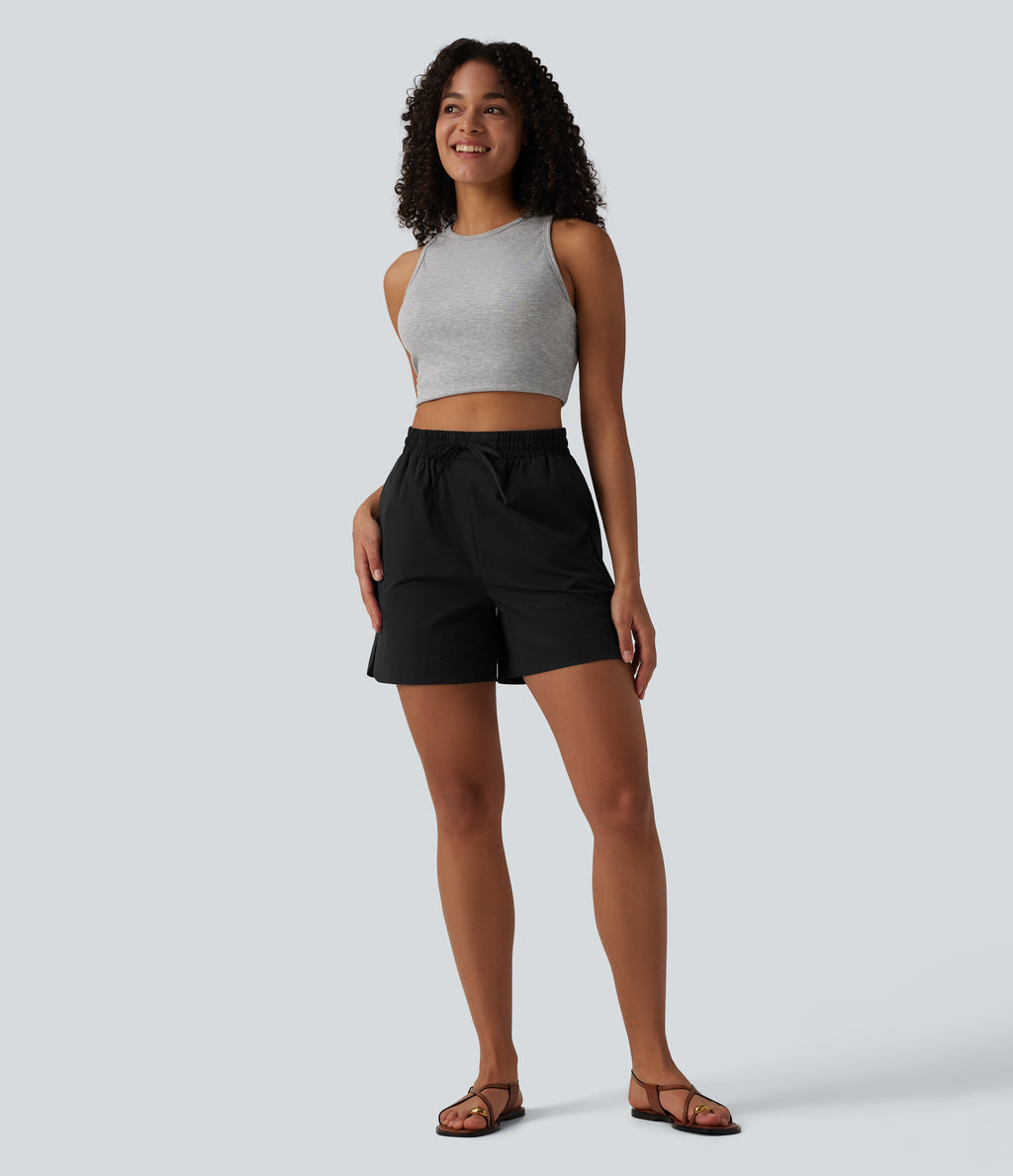High Waisted Drawstring Curved Hem Stretchy Poplin Casual Baggy Shorts with Pockets — Black — view 5