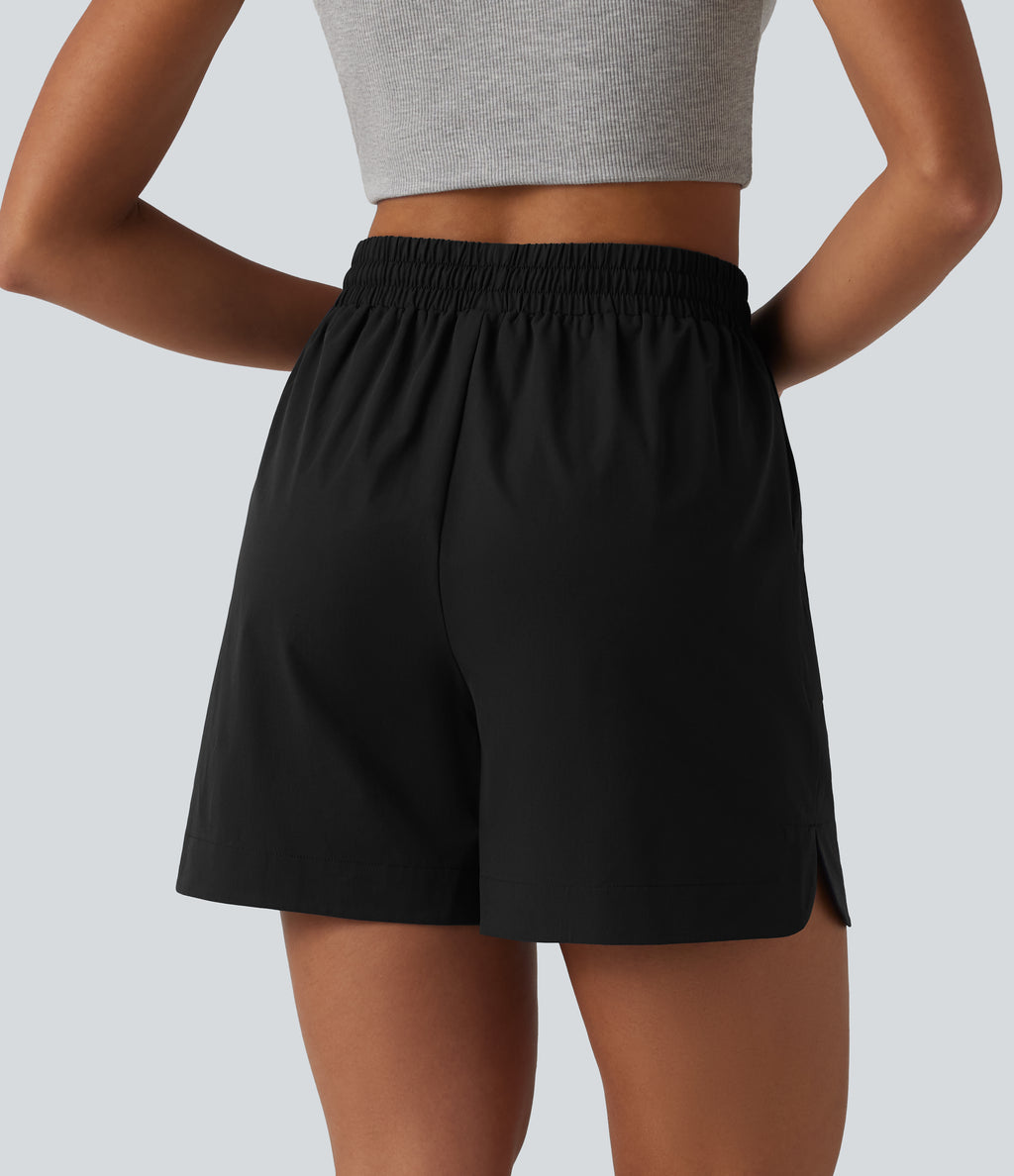 High Waisted Drawstring Curved Hem Stretchy Poplin Casual Baggy Shorts with Pockets — Black — view 2