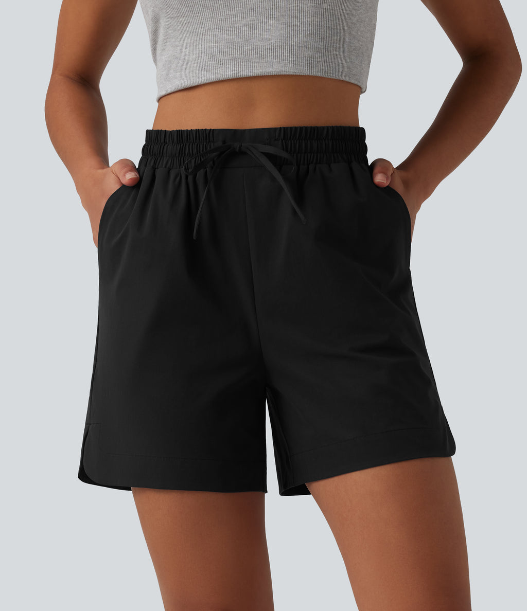 High Waisted Drawstring Curved Hem Stretchy Poplin Casual Baggy Shorts with Pockets — Black — view 3