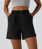 High Waisted Drawstring Curved Hem Stretchy Poplin Casual Baggy Shorts with Pockets — Black — view 3