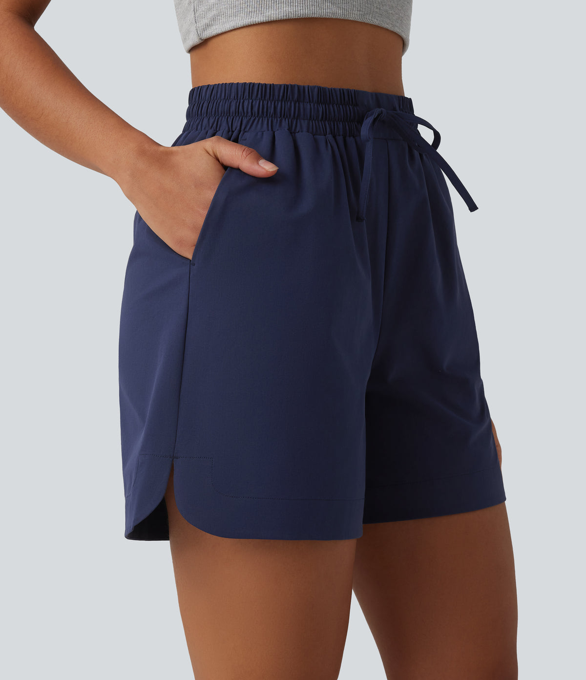 High Waisted Drawstring Curved Hem Stretchy Poplin Casual Baggy Shorts with Pockets — Peacoat — view 6