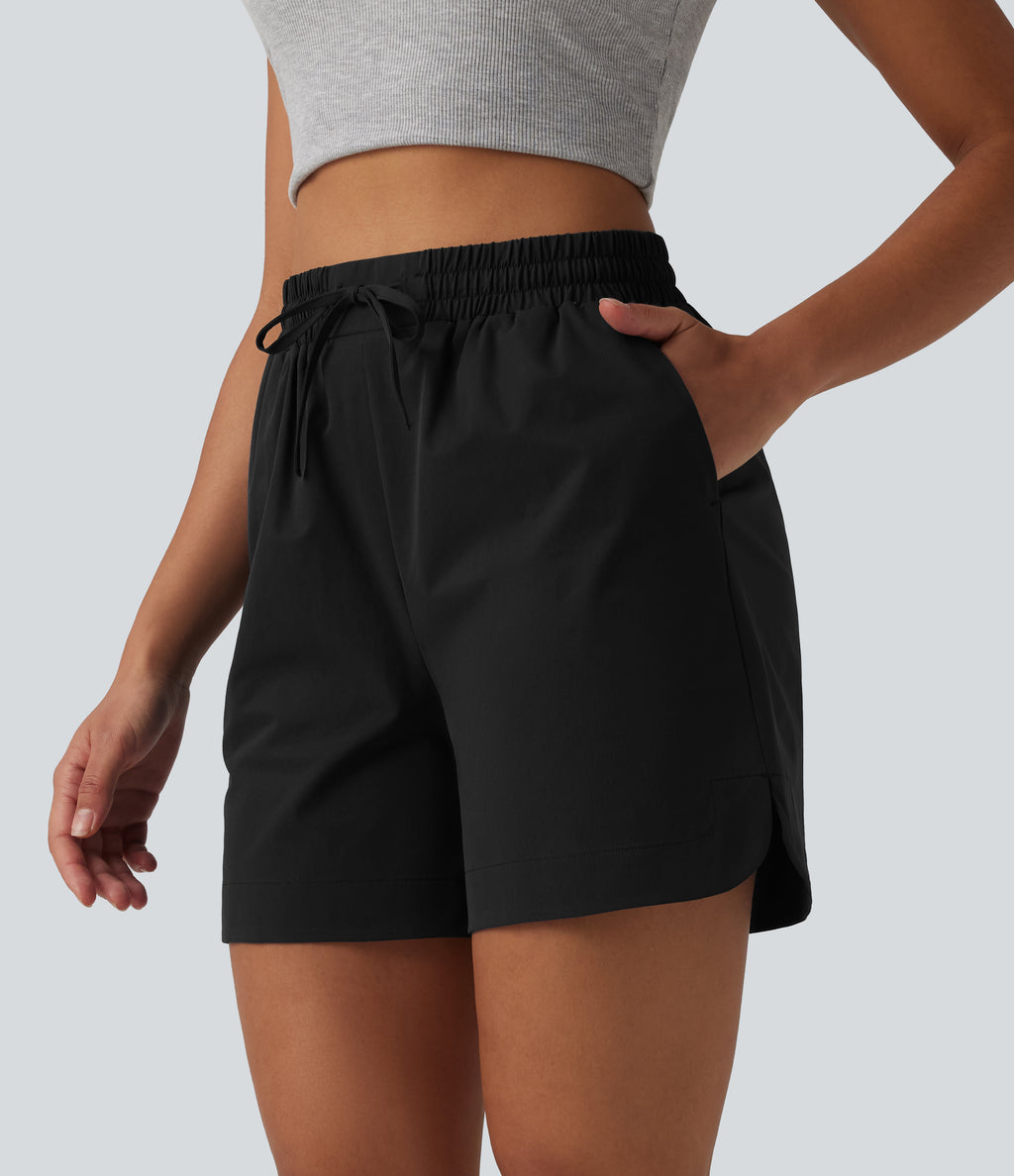 High Waisted Drawstring Curved Hem Stretchy Poplin Casual Baggy Shorts with Pockets — Black — view 4