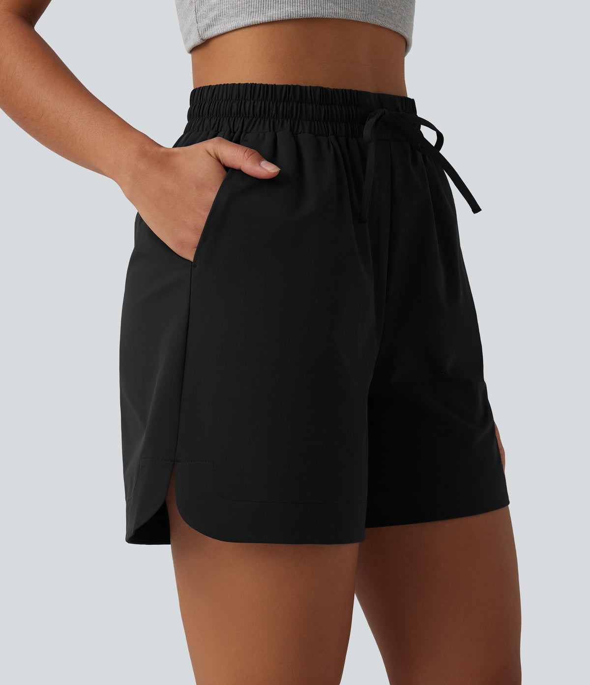 High Waisted Drawstring Curved Hem Stretchy Poplin Casual Baggy Shorts with Pockets — Black — view 1