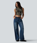 Round Neck Ruched Camo Cropped Casual Tank Top — Born to be Wild - Green Camo — view 6