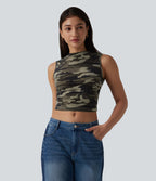 Round Neck Ruched Camo Cropped Casual Tank Top — Born to be Wild - Green Camo — view 3