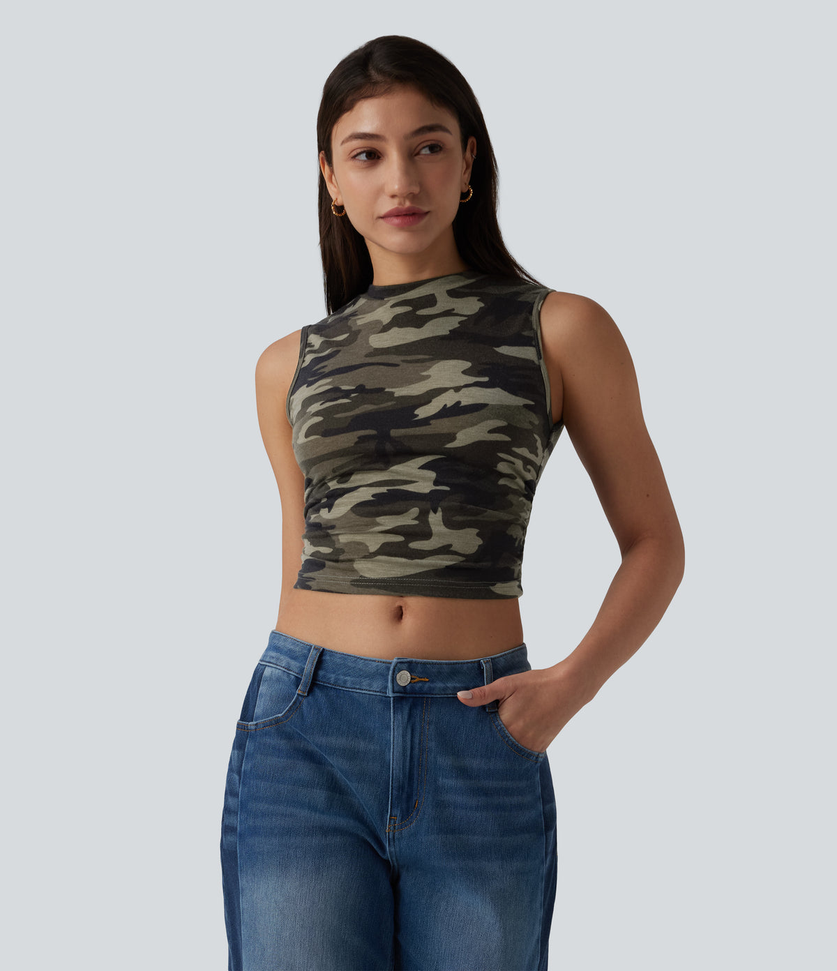 Round Neck Ruched Camo Cropped Casual Tank Top — Born to be Wild - Green Camo — view 3