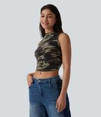 Round Neck Ruched Camo Cropped Casual Tank Top — Born to be Wild - Green Camo — view 4