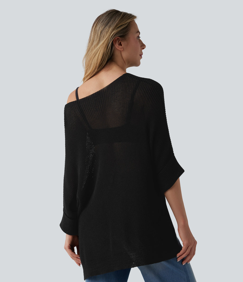 One-shoulder Half Sleeve Split Hem Oversize Casual Jumper with Pocket — Black — view 2