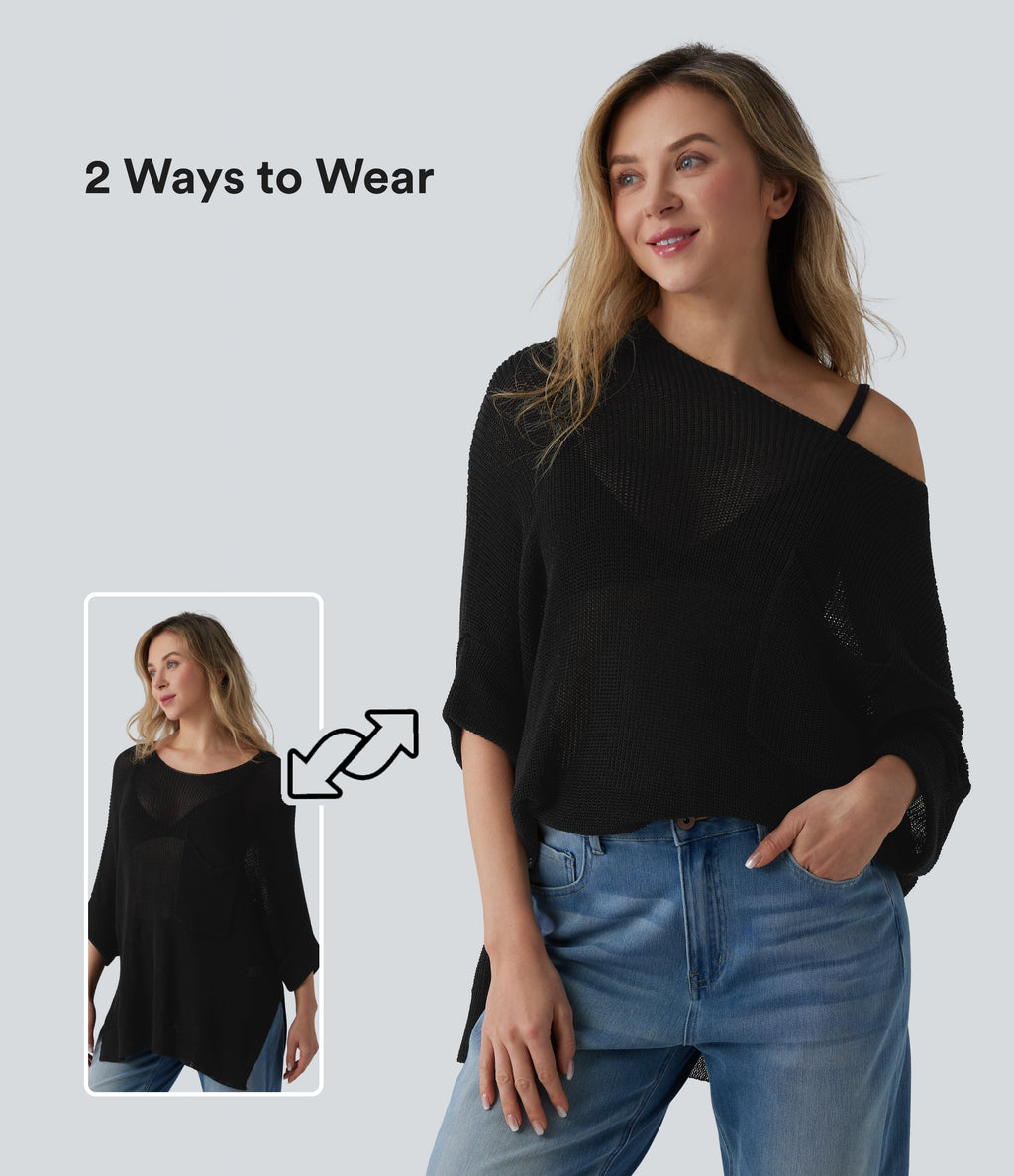 One-shoulder Half Sleeve Split Hem Oversize Casual Jumper with Pocket — Black — view 1