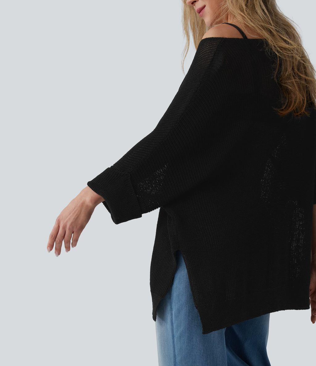 One-shoulder Half Sleeve Split Hem Oversize Casual Jumper with Pocket — Black — view 6