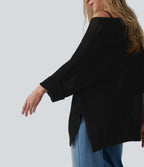One-shoulder Half Sleeve Split Hem Oversize Casual Jumper with Pocket — Black — view 6