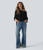 One-shoulder Half Sleeve Split Hem Oversize Casual Jumper with Pocket — Black — view 7
