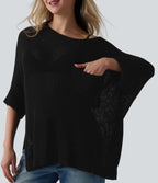 One-shoulder Half Sleeve Split Hem Oversize Casual Jumper with Pocket — Black — view 5