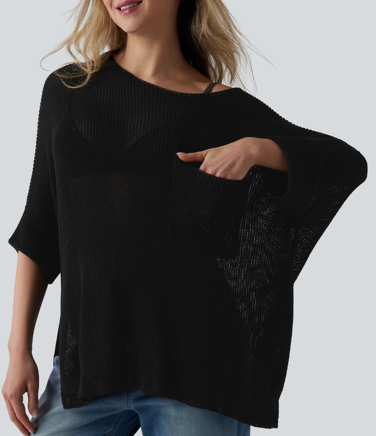 One-shoulder Half Sleeve Split Hem Oversize Casual Jumper with Pocket — Black — view 5