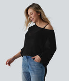 One-shoulder Half Sleeve Split Hem Oversize Casual Jumper with Pocket — Black — view 3