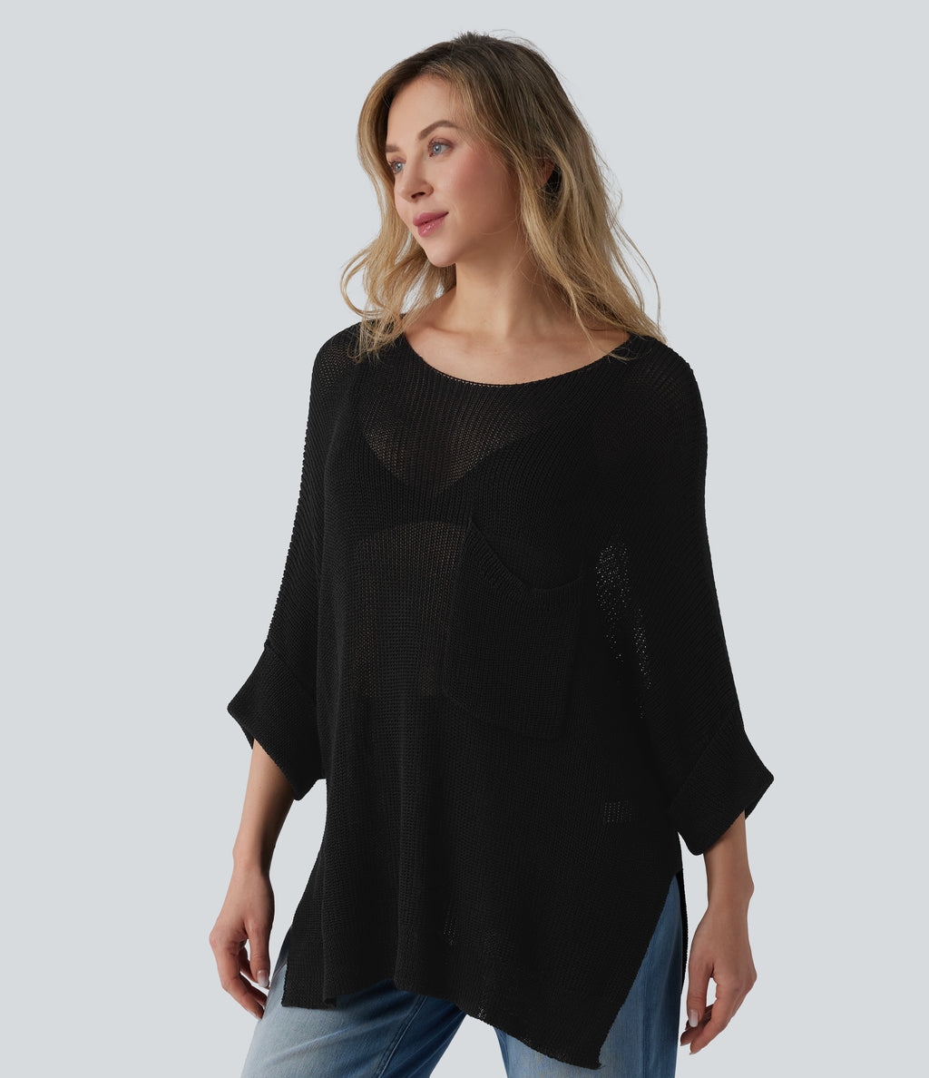 One-shoulder Half Sleeve Split Hem Oversize Casual Jumper with Pocket — Black — view 4