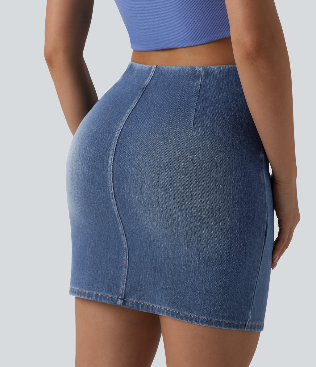 High Waisted Ruched Crossover Hem Bodycon Mini Casual Denim Skirt — Tide Blue Denim — view 5