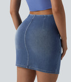 High Waisted Ruched Crossover Hem Bodycon Mini Casual Denim Skirt — Tide Blue Denim — view 5