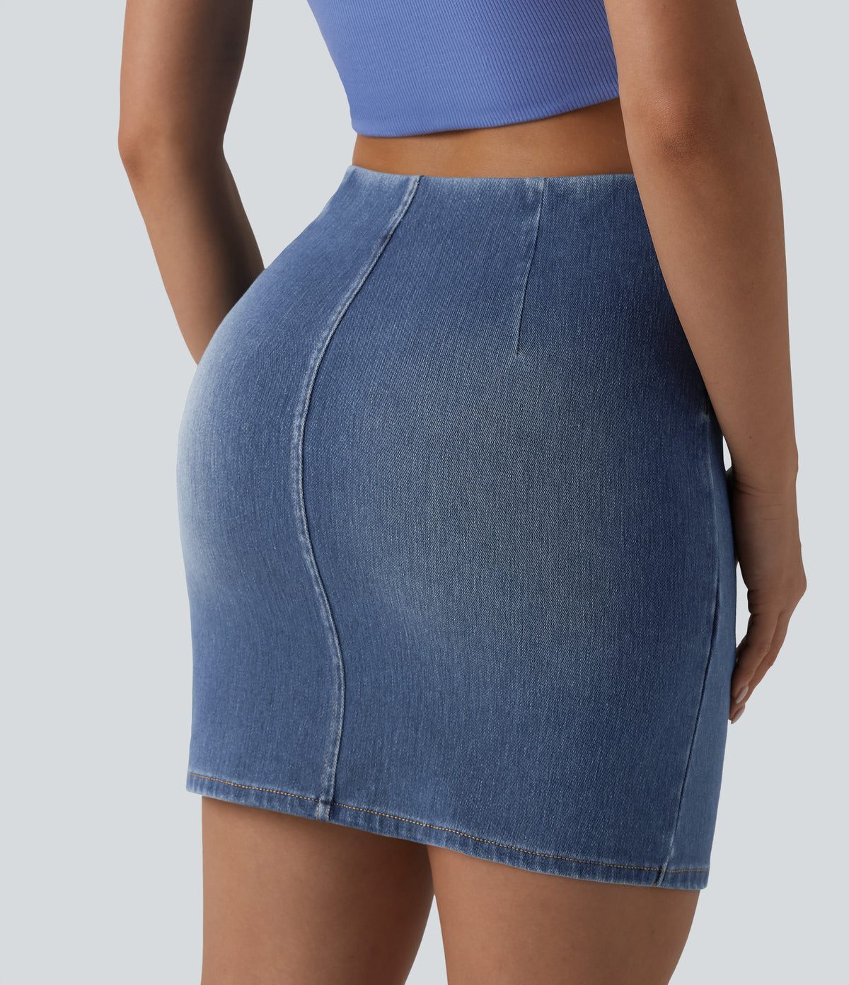 High Waisted Ruched Crossover Hem Bodycon Mini Casual Denim Skirt — Tide Blue Denim — view 5