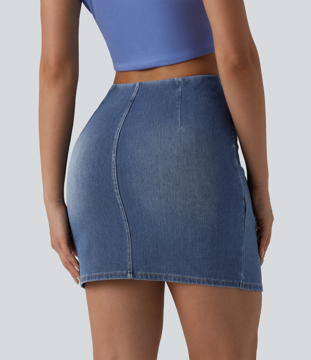 High Waisted Ruched Crossover Hem Bodycon Mini Casual Denim Skirt — Tide Blue Denim — view 2