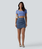 High Waisted Ruched Crossover Hem Bodycon Mini Casual Denim Skirt — Tide Blue Denim — view 6