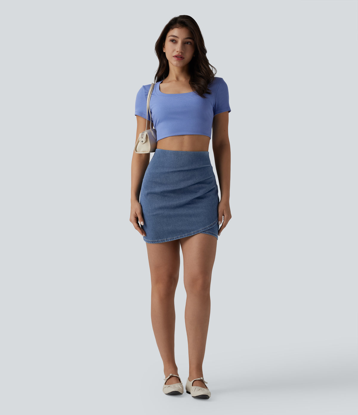 High Waisted Ruched Crossover Hem Bodycon Mini Casual Denim Skirt — Tide Blue Denim — view 6