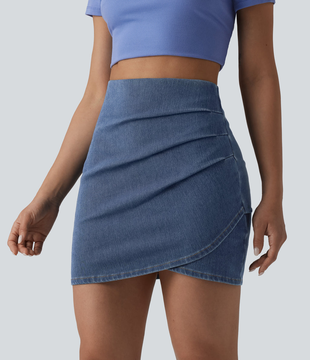 High Waisted Ruched Crossover Hem Bodycon Mini Casual Denim Skirt — Tide Blue Denim — view 3