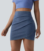 High Waisted Ruched Crossover Hem Bodycon Mini Casual Denim Skirt — Tide Blue Denim — view 3