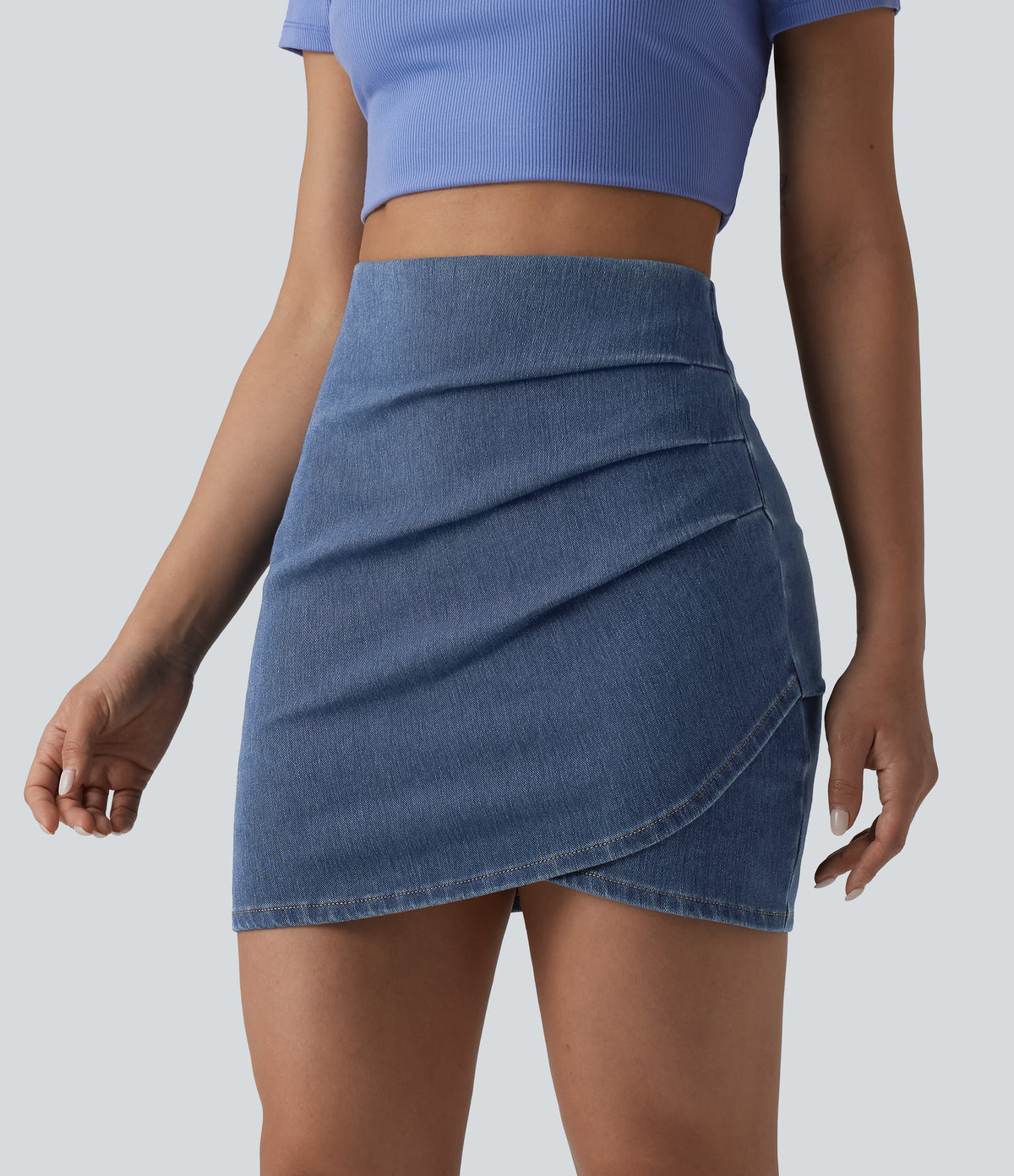 High Waisted Ruched Crossover Hem Bodycon Mini Casual Denim Skirt — Tide Blue Denim — view 3