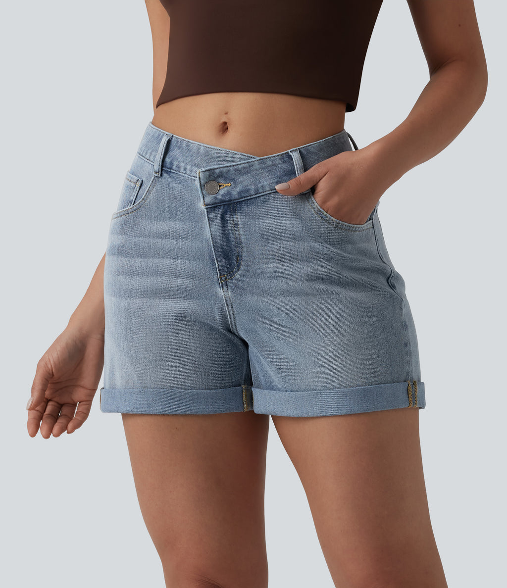 Asymmetric High Waisted Rolled Hem Washed Denim Casual Shorts with Pockets — Baltic Sea Blue Denim — view 1